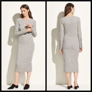 Vince - Long Sleeve Rib Crew Neck Midi Dress in Heather Grey Size Small